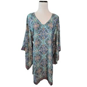 White Waves Turquoise Paisley Kimono Sleeve Tunic Kaftan Dress One Size New